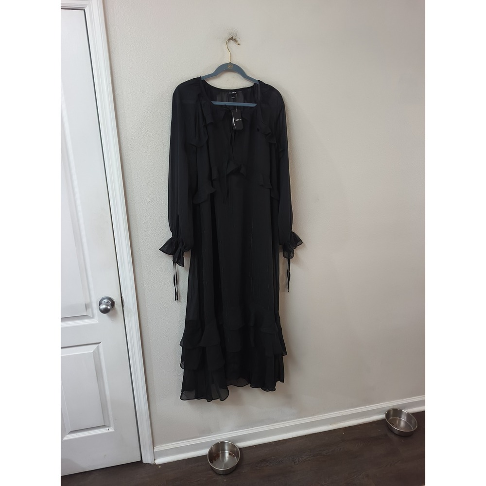 Torrid Black Chiffon Ruffle Midi Dress Metallic Pinstripe Plus Size 1 NWT